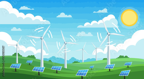 Green Energy Landscape - Wind Turbines and Solar Panels on Rolling Hills.