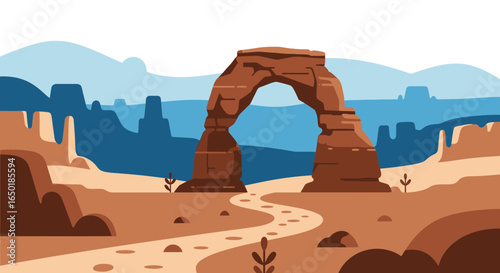 Scenic Desert Landscape With Natural Rock Arch And Mountain Silhouette