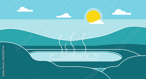 Scenic Hot Springs Landscape With Sun And Clouds In Minimalist Style
