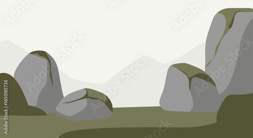 Scenic Hilly Landscape With Boulders And Subtle Mountain Backdrop Silhouette