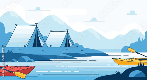Scenic Lakeside Campground With Mountains And Kayaks For Summer Recreation