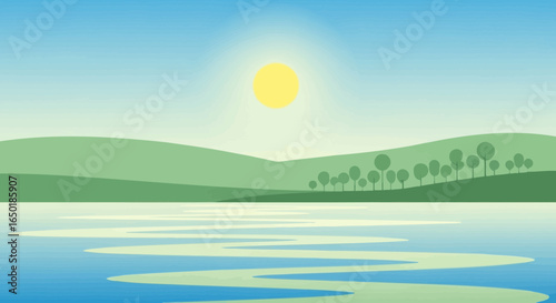Scenic Landscape With Rolling Hills And A Tranquil Lake At Sunset