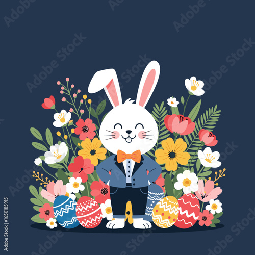 Happy easter celebration with a dressed up bunny and colorful eggs among flowers