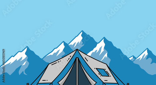 Scenic Mountain Adventure With Camping Tent And Snow Capped Peaks