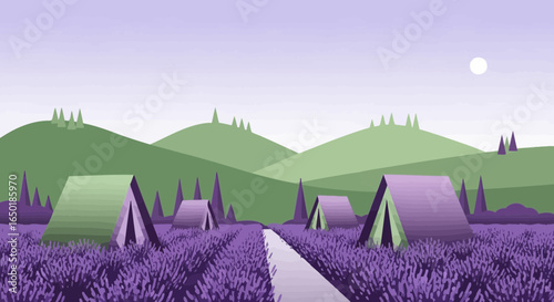 Scenic Lavender Field With Camping Tents Amidst Rolling Hills Landscape
