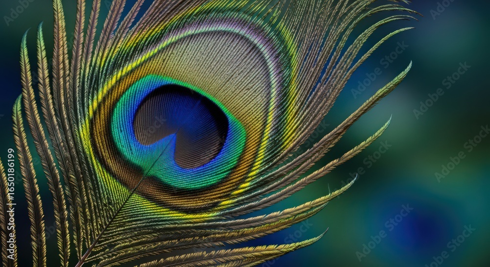 Fototapeta premium Detailed Close-Up of Vibrant Peacock Feather with Intricate Patterns