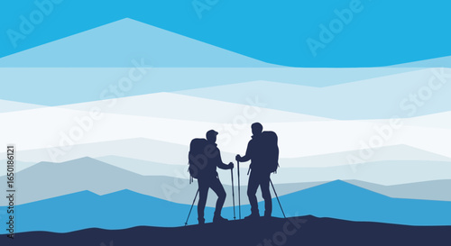 Scenic Mountain Landscape With Silhouette Of Two Hikers Enjoying The Views