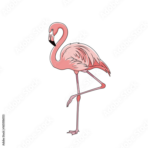 A majestic pink flamingo stands gracefully on one leg in a tropical paradise