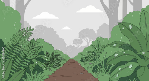 Scenic Rainy Day Jungle Trekking Adventure on Isolated Pathway Vector Illustration