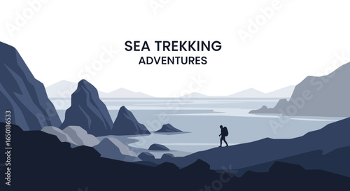 Scenic sea trekking adventure with hiker silhouette against coastal mountains landscape