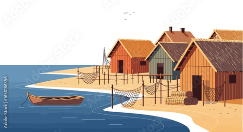 Scenic Seaside Village With Fishing Huts And Nets By The Waterline
