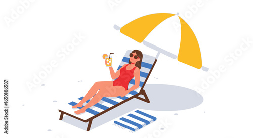 Woman relaxing on a beach chair under a yellow umbrella, enjoying a drink.