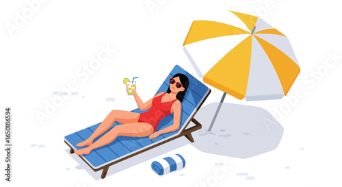 Woman relaxes on beach lounger, enjoying a cocktail under a beach umbrella.