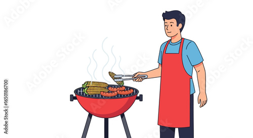 Man grilling sausages and vegetables on a red barbecue.