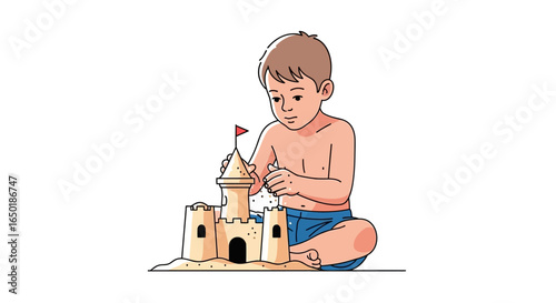A young boy in blue shorts carefully builds a sandcastle with a small red flag on top.