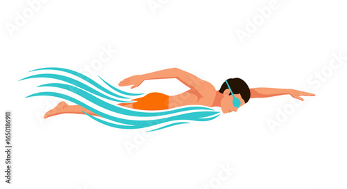 A male swimmer in orange trunks and blue goggles performs the front crawl stroke.