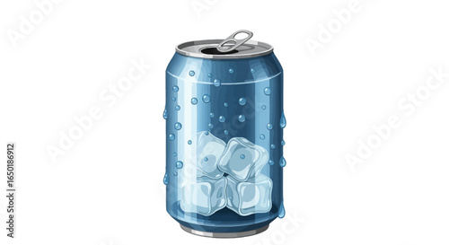 A refreshing blue aluminum can filled with ice cubes, glistening with condensation, suggesting a cold beverage.