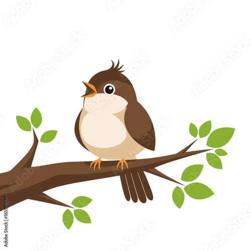 A small songbird sits on a tree branch singing joyfully