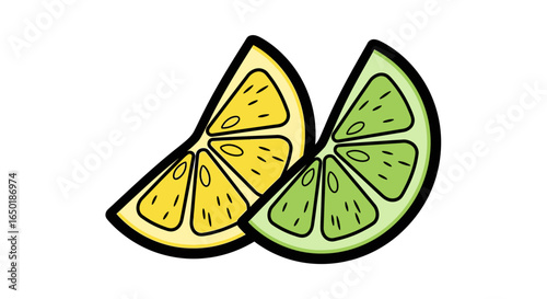 A vibrant illustration featuring a yellow lemon slice and a green lime slice, depicted in a clean, cartoon style on a white background.