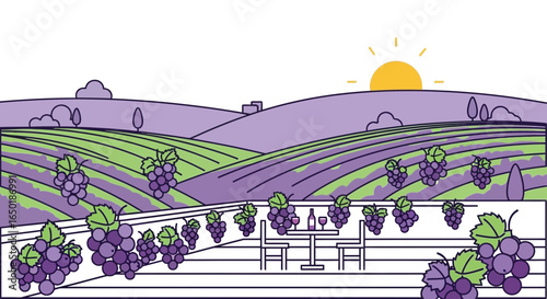 Scenic Vineyard Landscape With Grapes And Wine Tasting Under The Sun