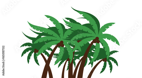 A vibrant illustration of several green palm trees with brown trunks and coconuts, swaying gently.