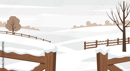 Scenic Winter Landscape Depicting a Snowy Field With a Wooden Fence
