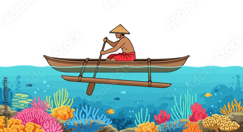 An illustration depicting a man paddling a canoe across a vibrant coral reef.