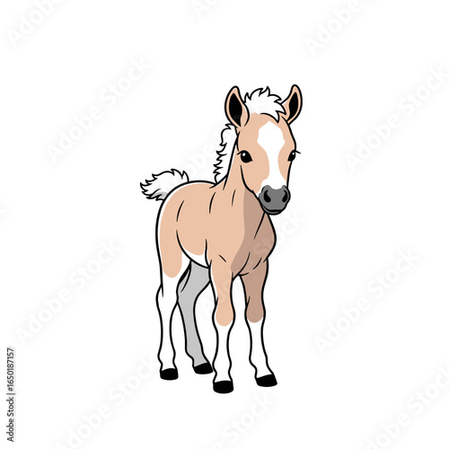 Adorable newborn horse foal standing and looking forward