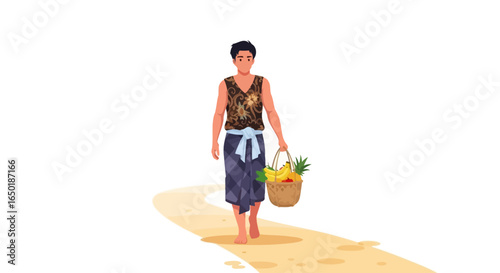 A barefoot person in traditional clothing walks along a path, carrying a basket of fruit.