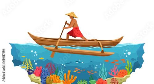 Illustration of a man in a traditional boat rowing over a vibrant coral reef.