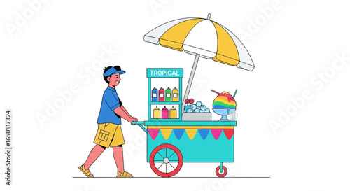 Illustration of a man pushing a tropical shaved ice cart with colorful syrups, ice, and a striped umbrella.