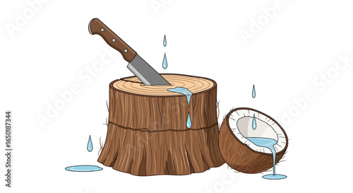Illustration of a knife stuck into a wooden stump with a halved coconut and dripping coconut water.