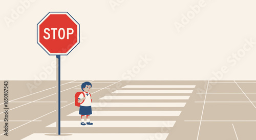 Schoolgirl Near Stop Sign Waiting To Cross Street At Pedestrian Crossing