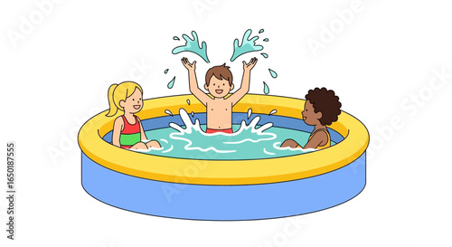 Three children splashing in a colorful inflatable pool on a sunny day.
