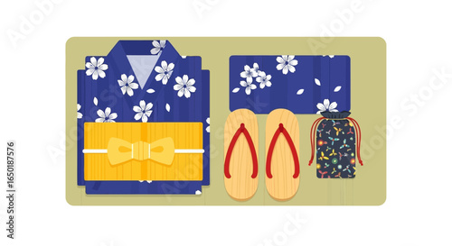 Traditional Japanese summer kimono ensemble with accessories, including sandals and a small bag.