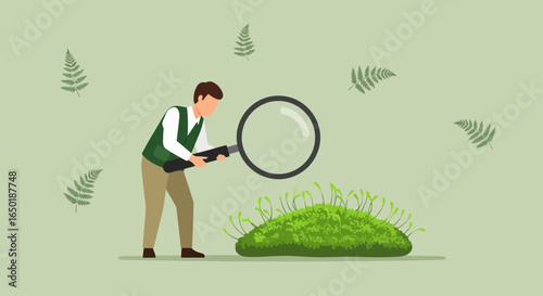 Scientist Examining Moss Through Magnifying Glass Surrounded By Ferns