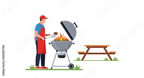 A man grilling burgers on a barbecue near a picnic table, enjoying a summer cookout.
