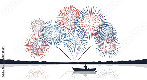 A lone person in a rowboat watches a spectacular red and blue fireworks display over a calm lake.