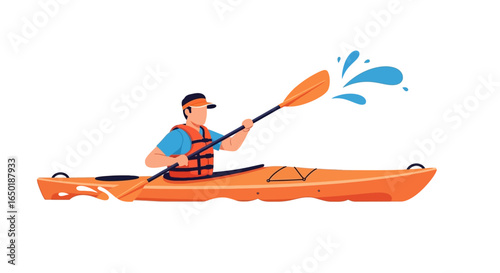 A man wearing a life vest and visor paddles an orange kayak, splashing water with his oar.