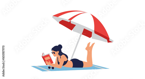 A woman in a bikini and sunglasses reads a book while relaxing on a beach towel under a red and white umbrella.