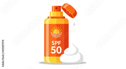 An illustration of an orange SPF 50 sunscreen spray bottle with its cap open, dispensing white lotion foam.