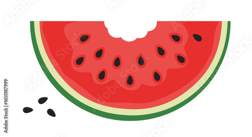 A vibrant vector illustration of a juicy red watermelon slice with a green rind and a bite taken out of it.