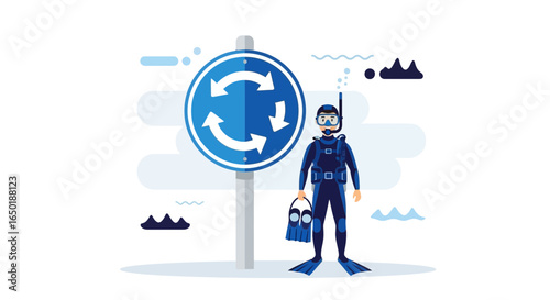 Scuba Diver Stands Next To A Roundabout Sign Ready To Explore Aquatic Adventure