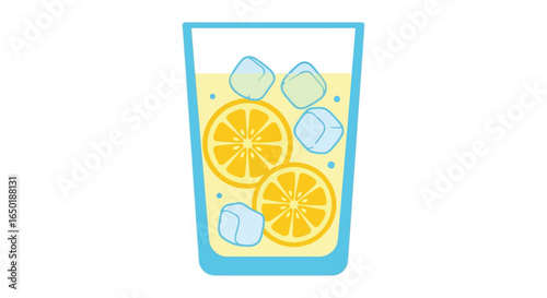 Illustration of a refreshing drink in a tall glass with ice cubes and orange slices, filled with a yellow liquid.
