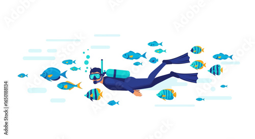 Scuba Diver Explores Marine Life With Colorful Fish In Underwater Ecosystem