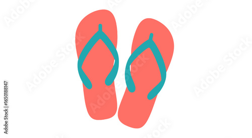 A pair of coral-colored flip-flops with turquoise straps, isolated on a white background, suggesting summer or beachwear.
