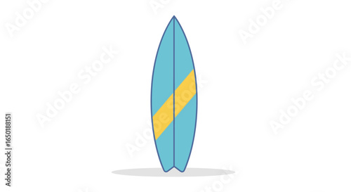 A minimalist illustration of a light blue surfboard with a yellow diagonal stripe standing upright.