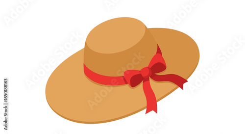 A light beige straw sun hat with a vibrant red ribbon and bow.