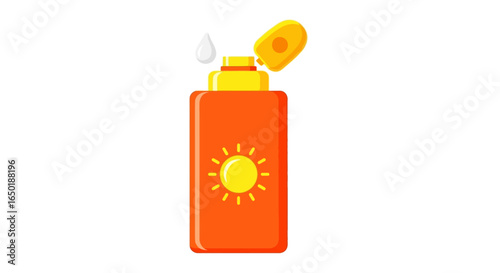 Orange sunscreen bottle with sun symbol, open top, showing product application.
