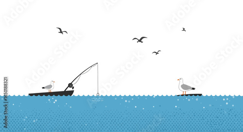 Seagulls On The Ocean Fishing Day At Sea Illustration Concept